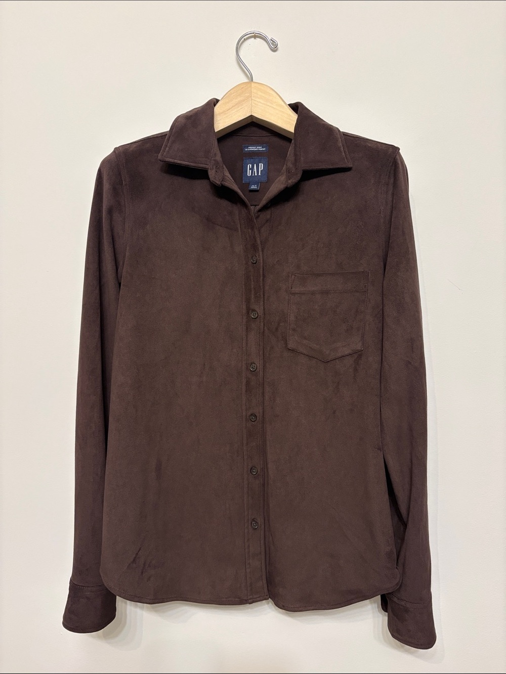 Gap dark brown faux suede button down top sz xs xsmall worn once